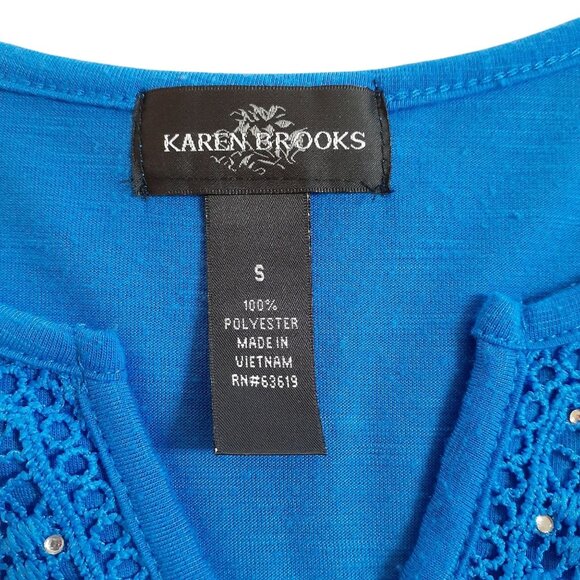 Karen Brooks Top Womens Small Blue Crochet Trim Sequins 3/4 Sleeve - Picture 3 of 4